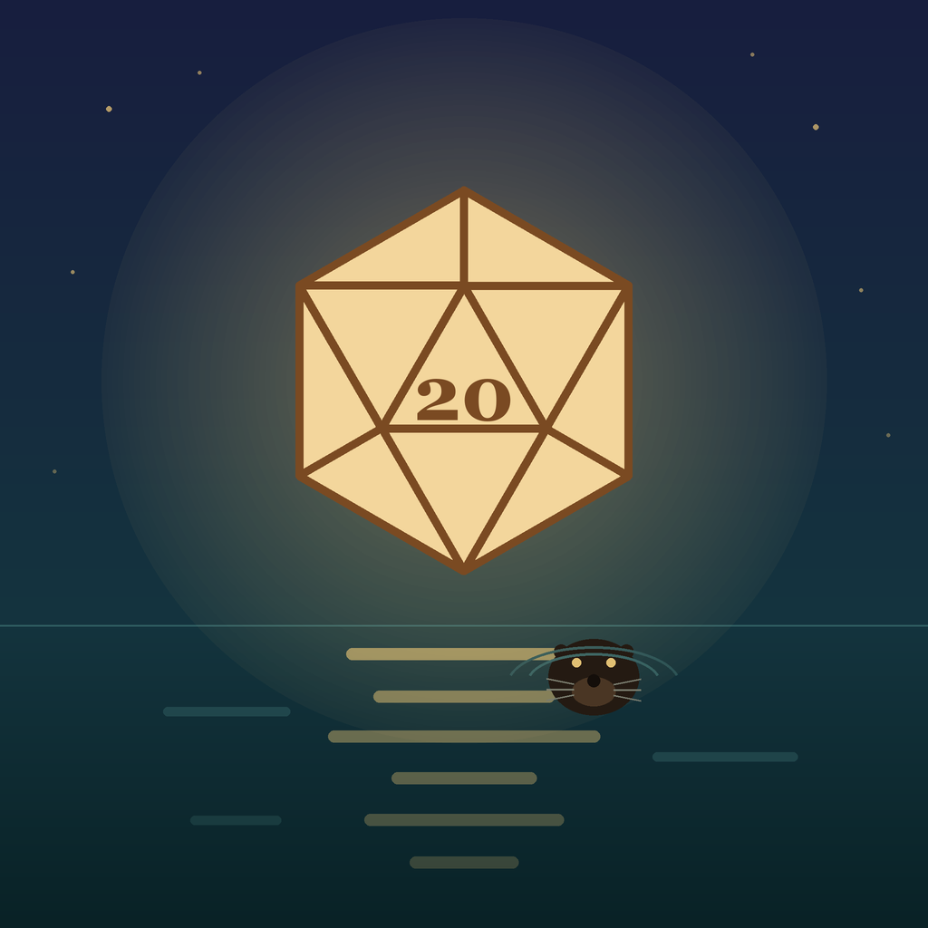 A d20 moon over dark water, one otter swimming in its light